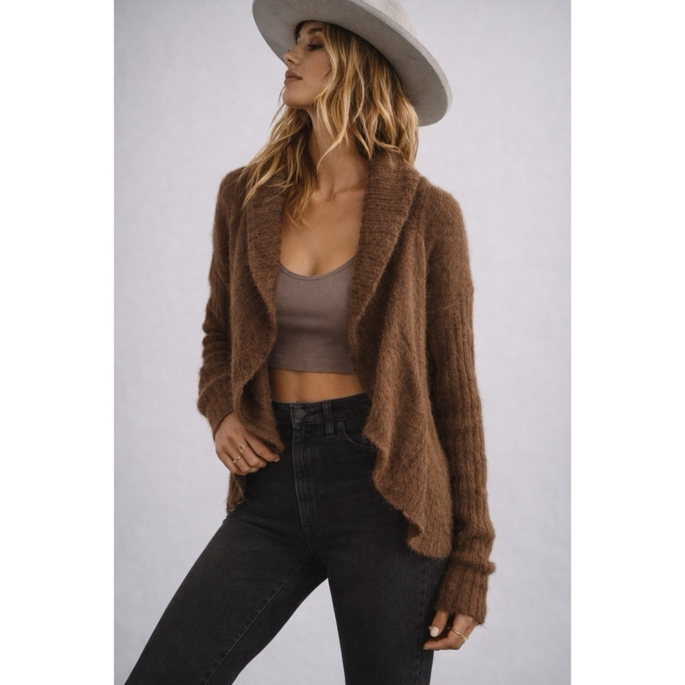 Free People Brown Mohair Open Front Cropped Cardigan Sweater L